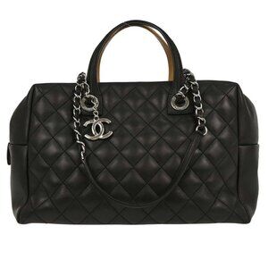 Chanel Black Beige Calfskin Featherweight Bowling Bag